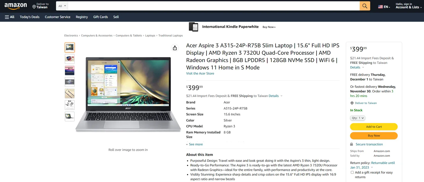 宏碁海外推出 Acer Aspire 3 笔记本电脑，配备 AMD Ryzen 7320/7520 处理器
